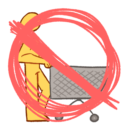 a yellow figure pushing a shopping trolley. they and the trolley have a messy 'not allowed' symbol over them.